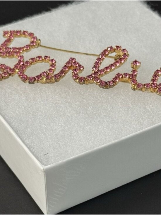 Unbranded Jewelry - Barbie Script Rhinestone Logo Brooch Pin Pink Crystal Gold-Tone 3-1/4 inches